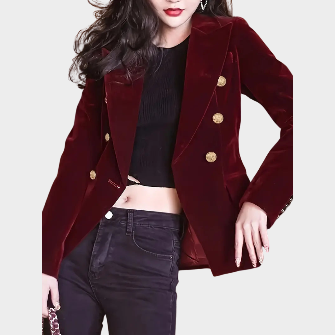 Women's Slim Velvet Blazer – Double Breasted – Elegant Office Wear – Soft & Stylish – Burgundy