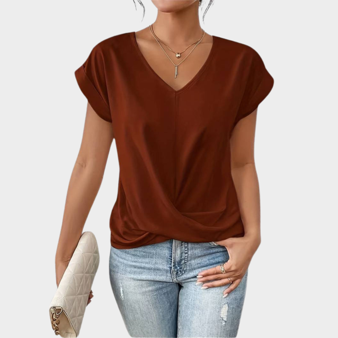 Women's V-Neck T-Shirt – Pleated Hem – Short Sleeve – Casual & Comfy – Soft Fabric – Multiple Colours