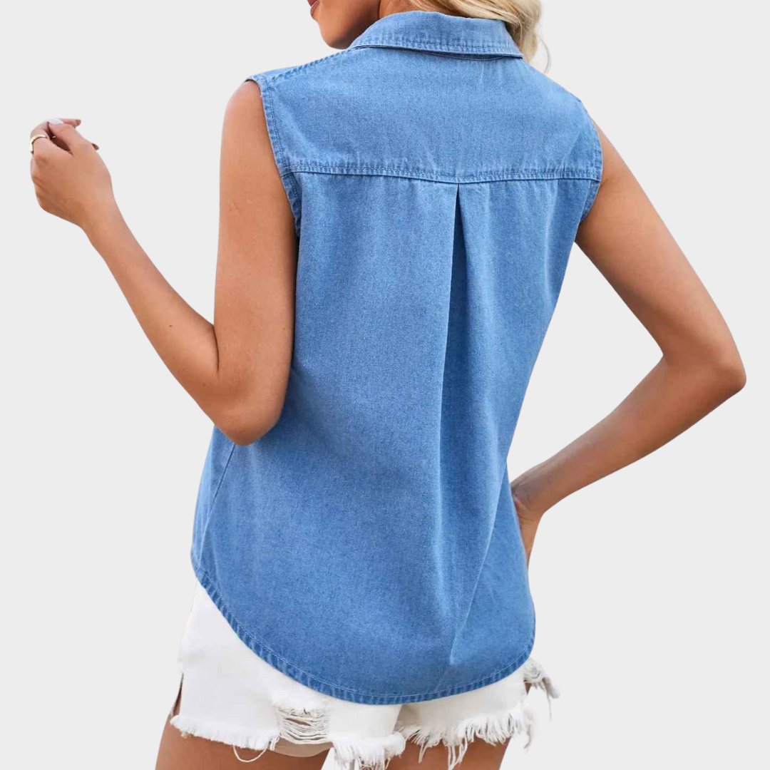 Women Denim Vest – Slim Fit Sleeveless Top with Washed Vintage Look Silk Blend – Blue