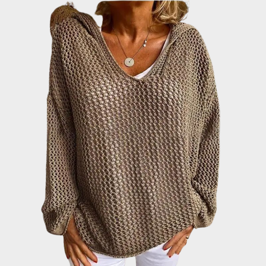 Women's V-Neck Hooded Pullover Sweater – Hollow Out Design – Long Sleeve – Lightweight & Comfortable – Multiple Colours