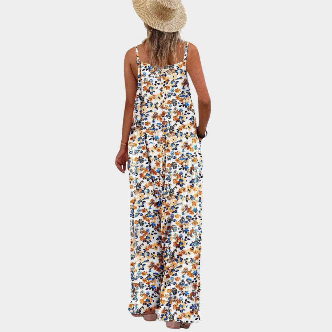 Women’s Floral Suspender Jumpsuit – Adjustable Shoulder Straps – Casual Relaxed Fit – Lightweight Soft Fabric – Printed One-Piece – Yellow