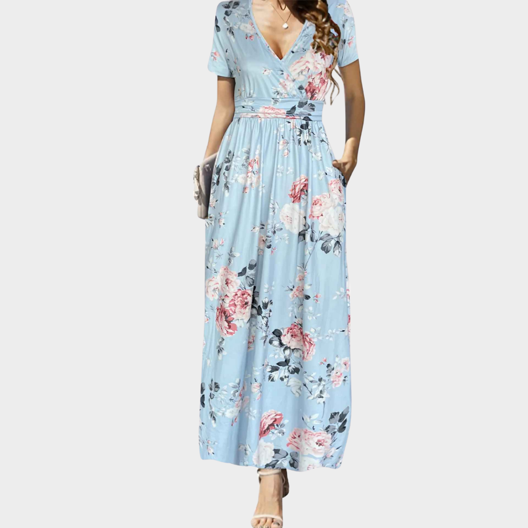 Women's Elegant Short Sleeve Dress – V-Neck Waist-Tied Design with Pockets – Soft Comfortable Fabric – Multiple Colours