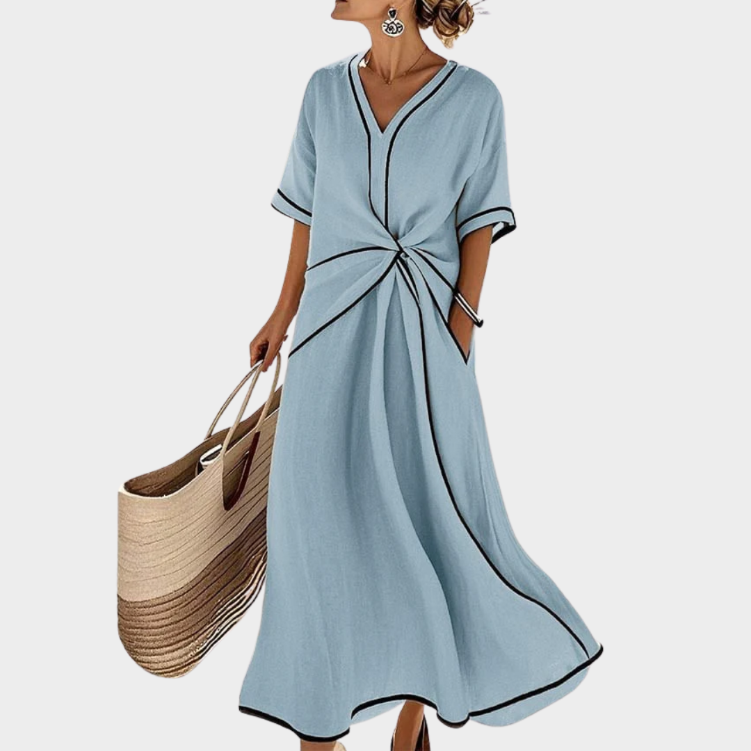 Women Long Dress – Elegant Short Sleeve Design – Solid with Contrast Trim – Pleated Loose Fit with V Neck and Pockets – Multiple Colours
