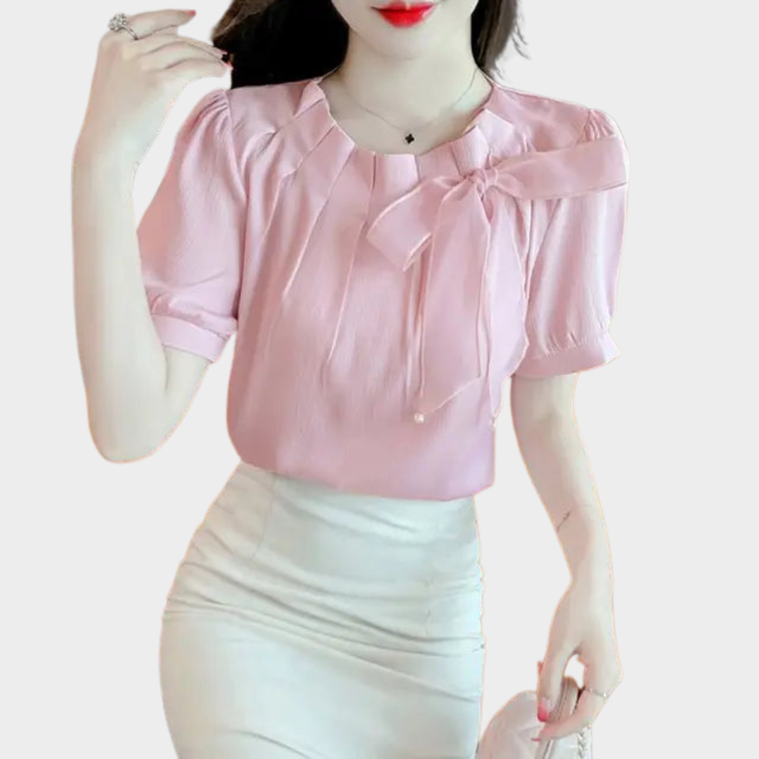 Women’s O-Neck Chiffon Blouse – Elegant Pleated Short Sleeve Top with Bow Detail – Lightweight Relaxed Fit Shirt – Multiple Colours