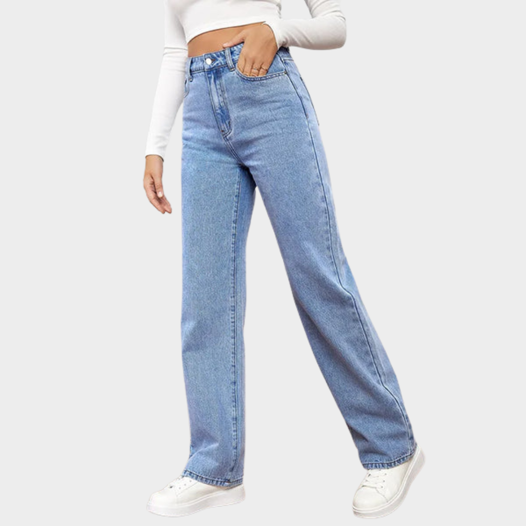 Women's High-Waisted Jeans – Loose Fit – Wide Leg – Straight-Leg Denim – Blue