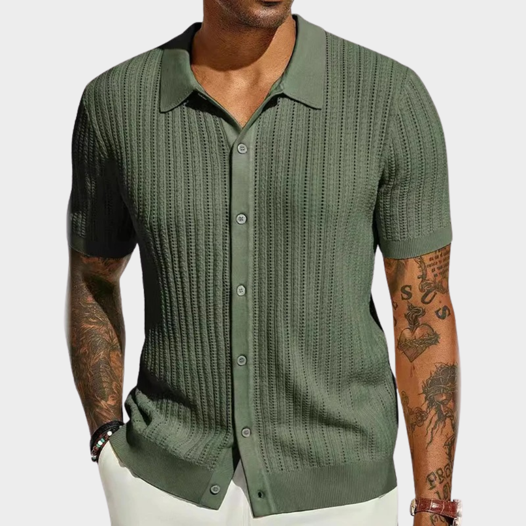 Men’s Short Sleeve Shirt – Hollow Knit Design – Buttoned Lapel – Breathable Lightweight Fit – Multiple Colours