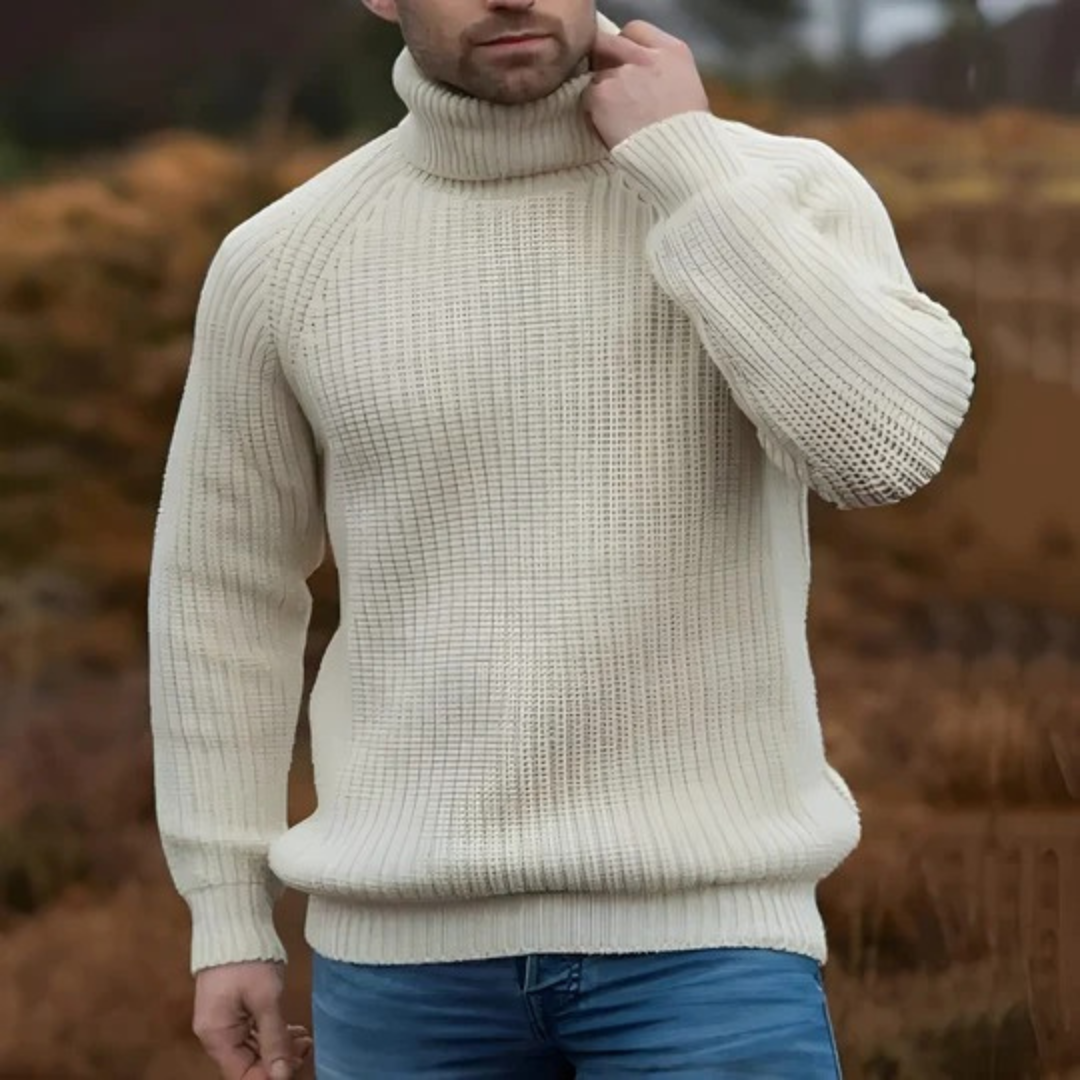 Men Turtleneck Sweater – Thick Knit Pullover with Warm Soft Feel – Solid Retro Inspired Design – Comfortable Loose Fit – Beige