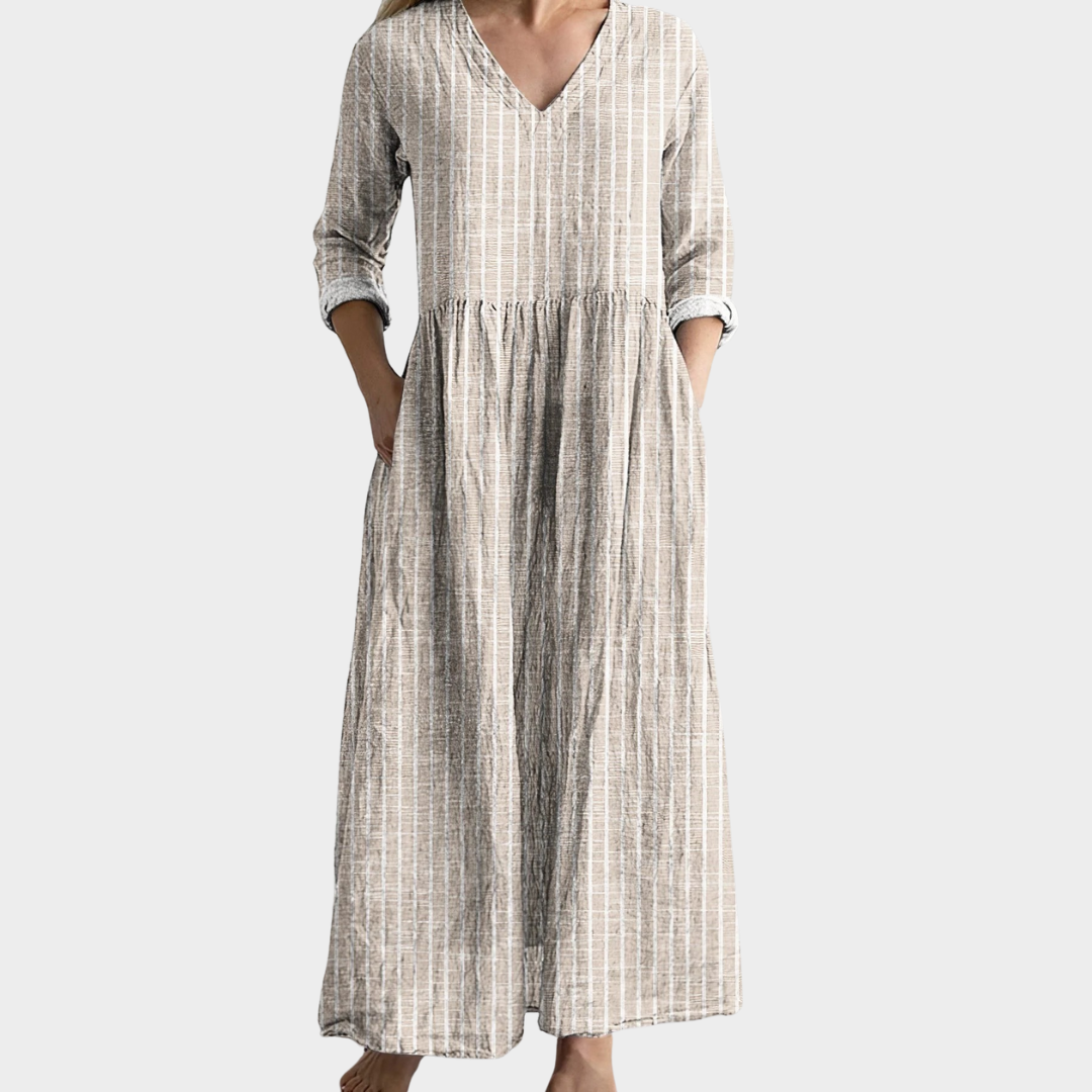 Women’s Maxi Dress – Relaxed Fit – V-Neck – Striped Pattern – Long Sleeve – Natural Fibre – Multiple Colours