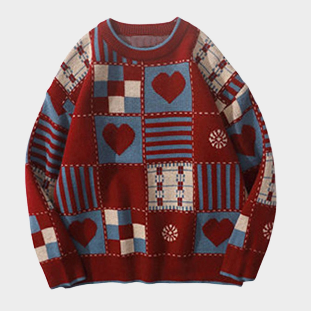 Womens Vintage Sweater - Harajuku Retro Knitted Wool Oversized Streetwear, Red & Beige