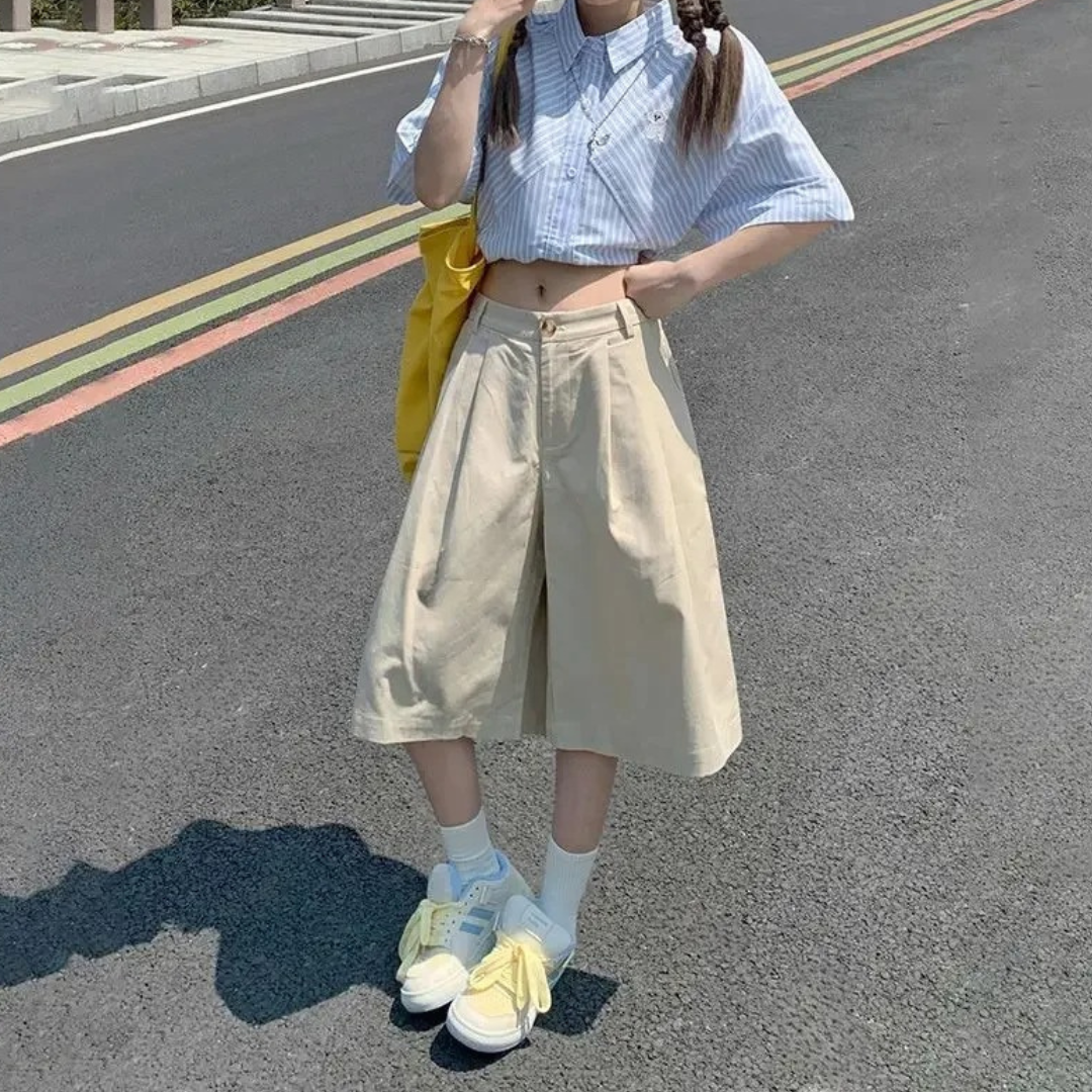 Women High Waist Wide Leg Trousers – Loose Fit Pleated Casual Pants – Lightweight Design – Apricot