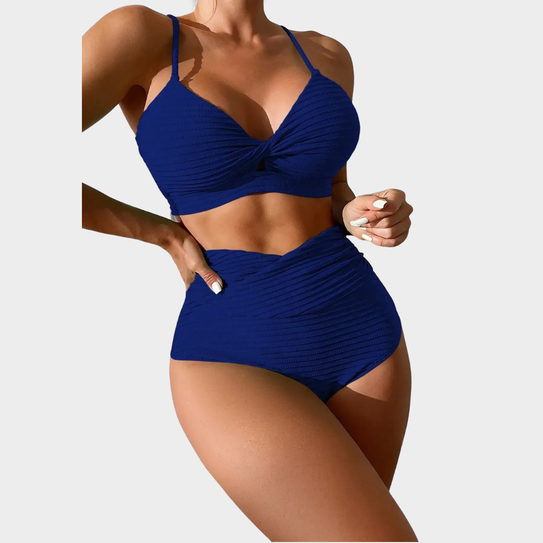 Women Split Bikini Set – High Waist Two-Piece – Supportive Gathered Top – Stretch Fit – Multiple Colours