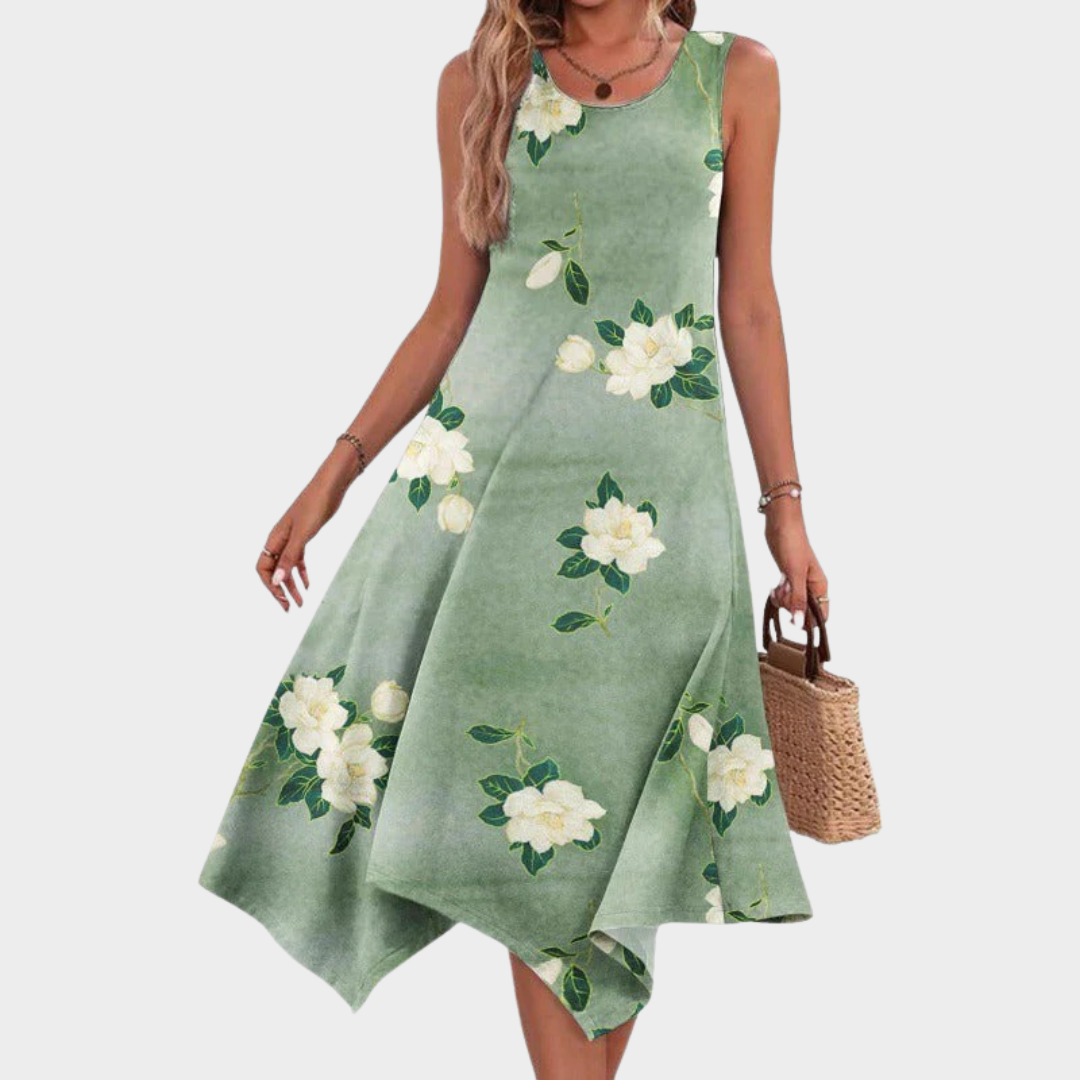 Women Dress – Sleeveless Irregular Hem Swing Style with Printed Design in Cotton Blend – Multiple Colours
