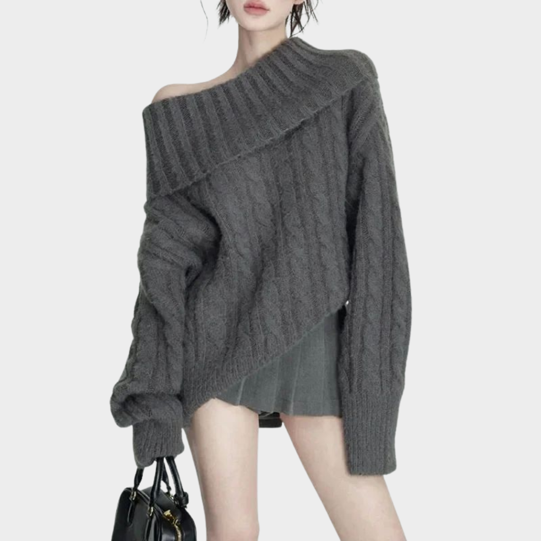 Women’s Knitted Sweater – Square Neck – Long Sleeves – Slim Fit – Soft & Stylish – Grey