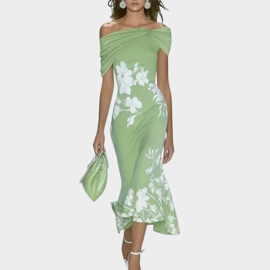 Women’s Off Shoulder Floral Print Long Dress – Slim Fit Party Style with Short Sleeves – Multiple Colours