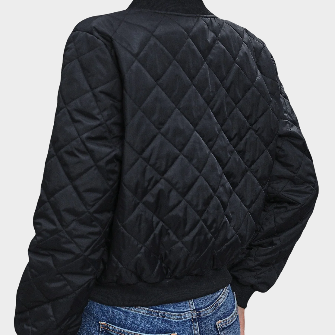 Women’s Quilted Bomber Jacket – Fitted Waist Zip Front with Ribbed Trim – Casual Outerwear – Black