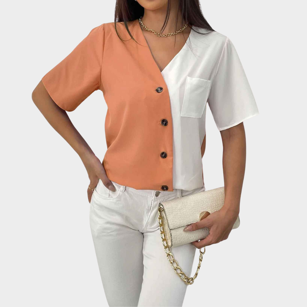 Women's V-Neck Blouse – Colour Splicing Short Sleeve Office Shirt Style – Multiple Colours