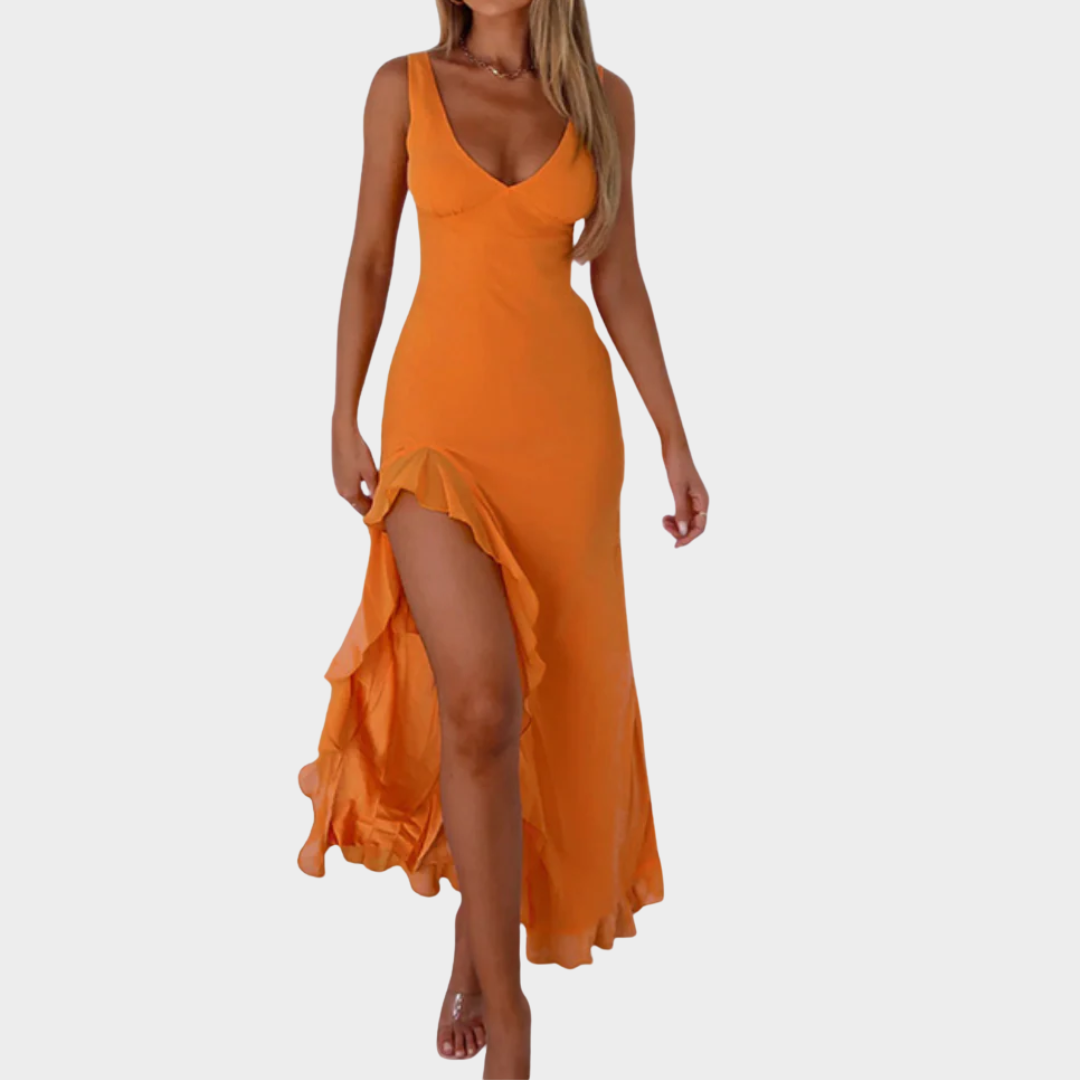 Women Sleeveless Maxi Dress – Slim Fit V-Neck Backless Lightweight Wooden Ear Trim – Multiple Colours