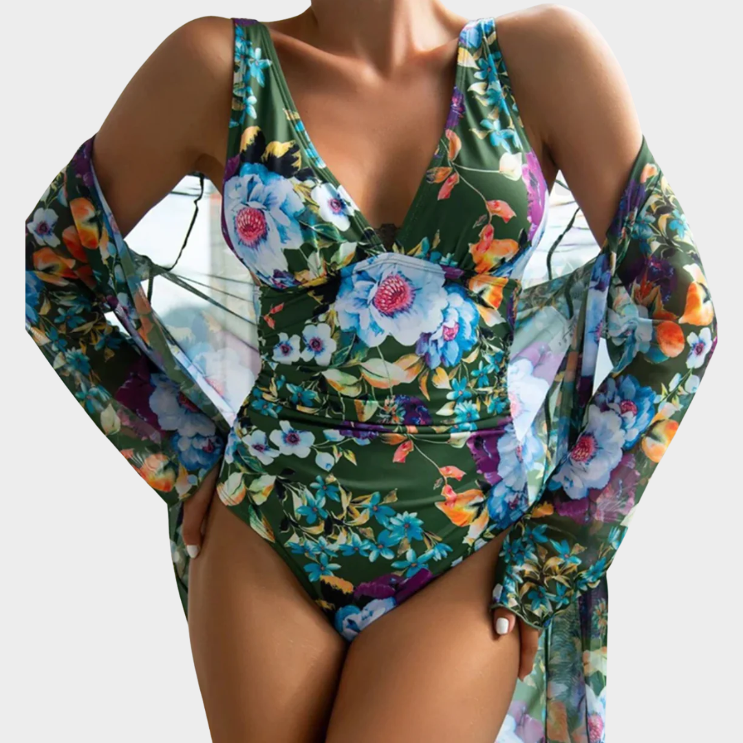 Women One-Piece Swimsuit – Long Sleeve V-Neck Bathing Suit with Lace Cover-Up – Stretch Fit – Multiple Colours