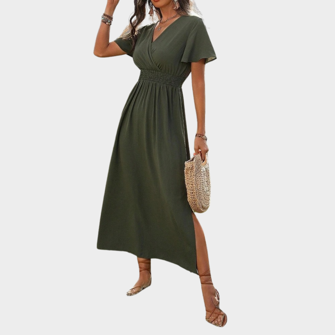 Women's A-Line Midi Dress – Short Sleeve V-Neck with Side Slit – Nipped Waist – Soft Lightweight Fabric – Multiple Colours