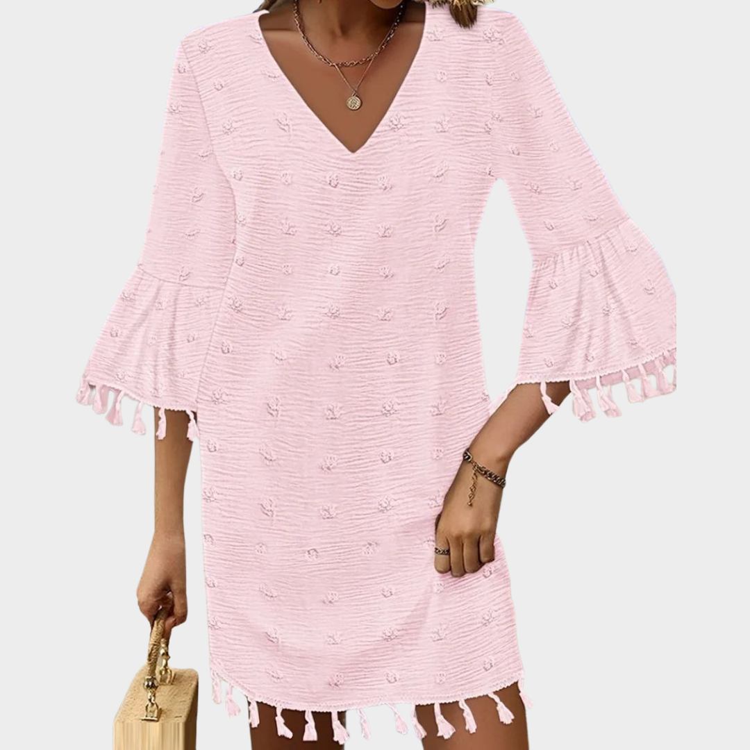 Women's V-Neck Fringe Mini Dress – Flared Sleeves – Loose Fit – Lightweight Fabric – Multiple Colours