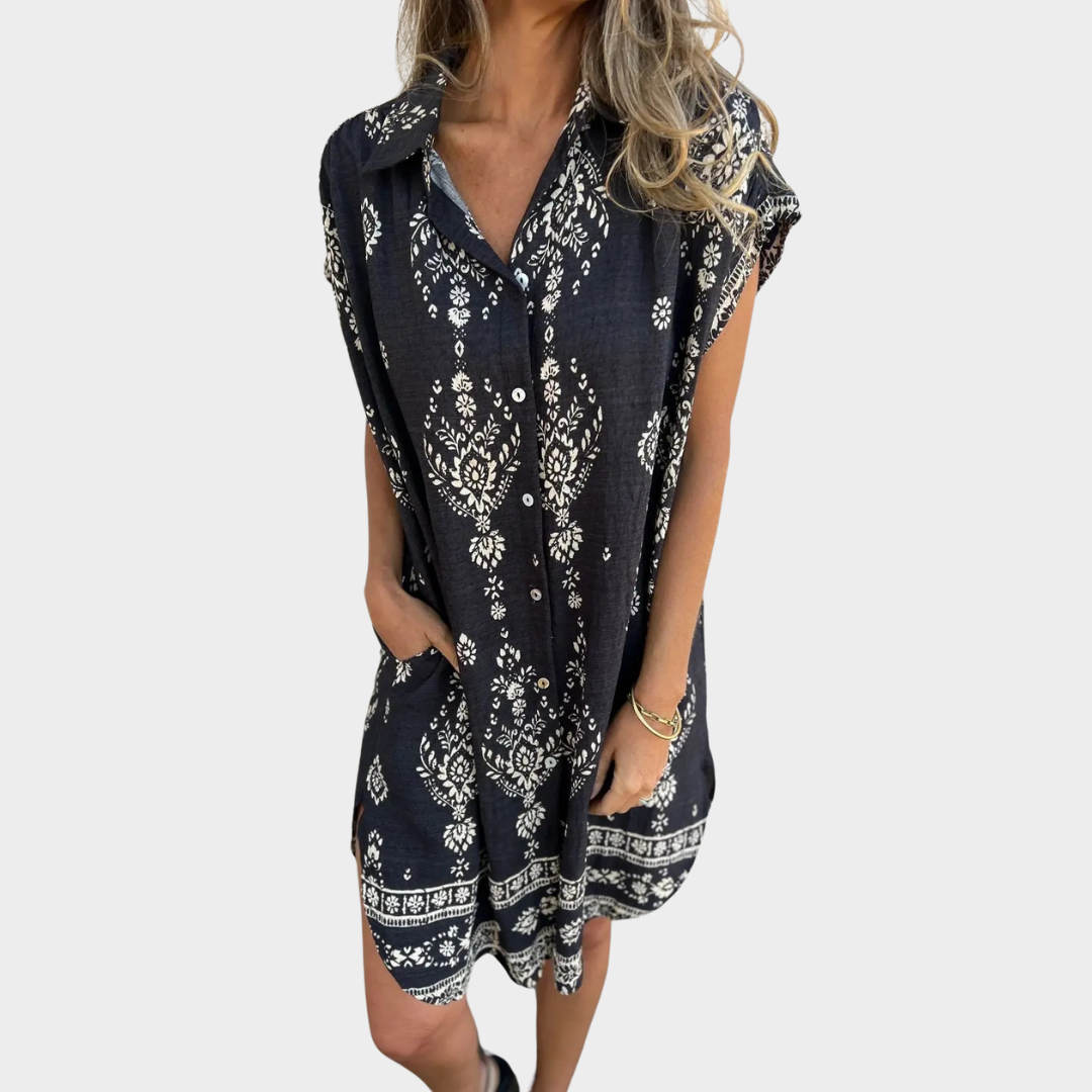 Women’s Boho Print Shirt Dress – Short Sleeve Loose Fit with Button Front – Lightweight Casual Holiday Style – Multiple Colours