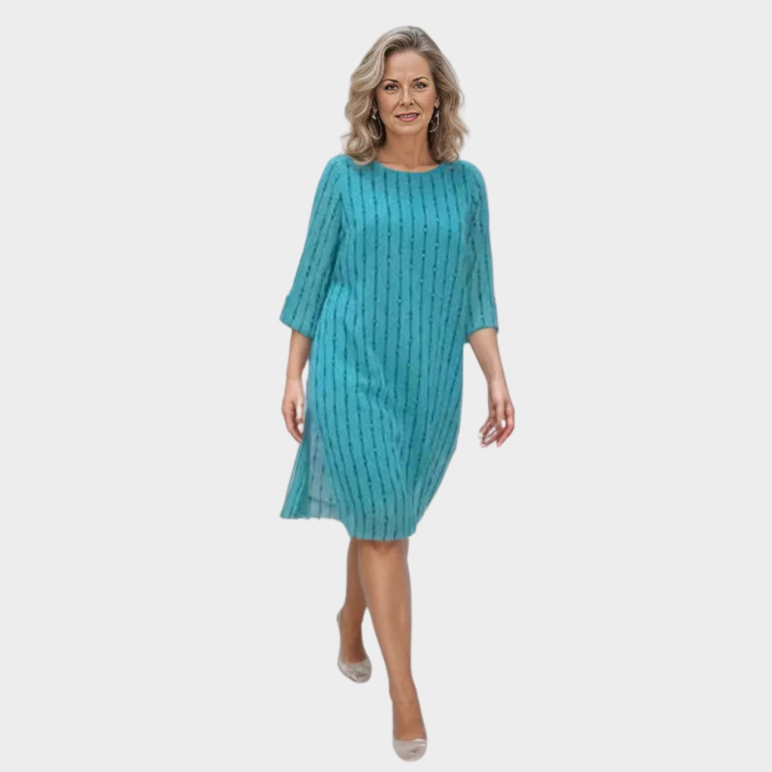 Elegant Women's Midi Dress – Long Sleeves, Subtle Diamond Details, Refined Party Look, Blue & Green