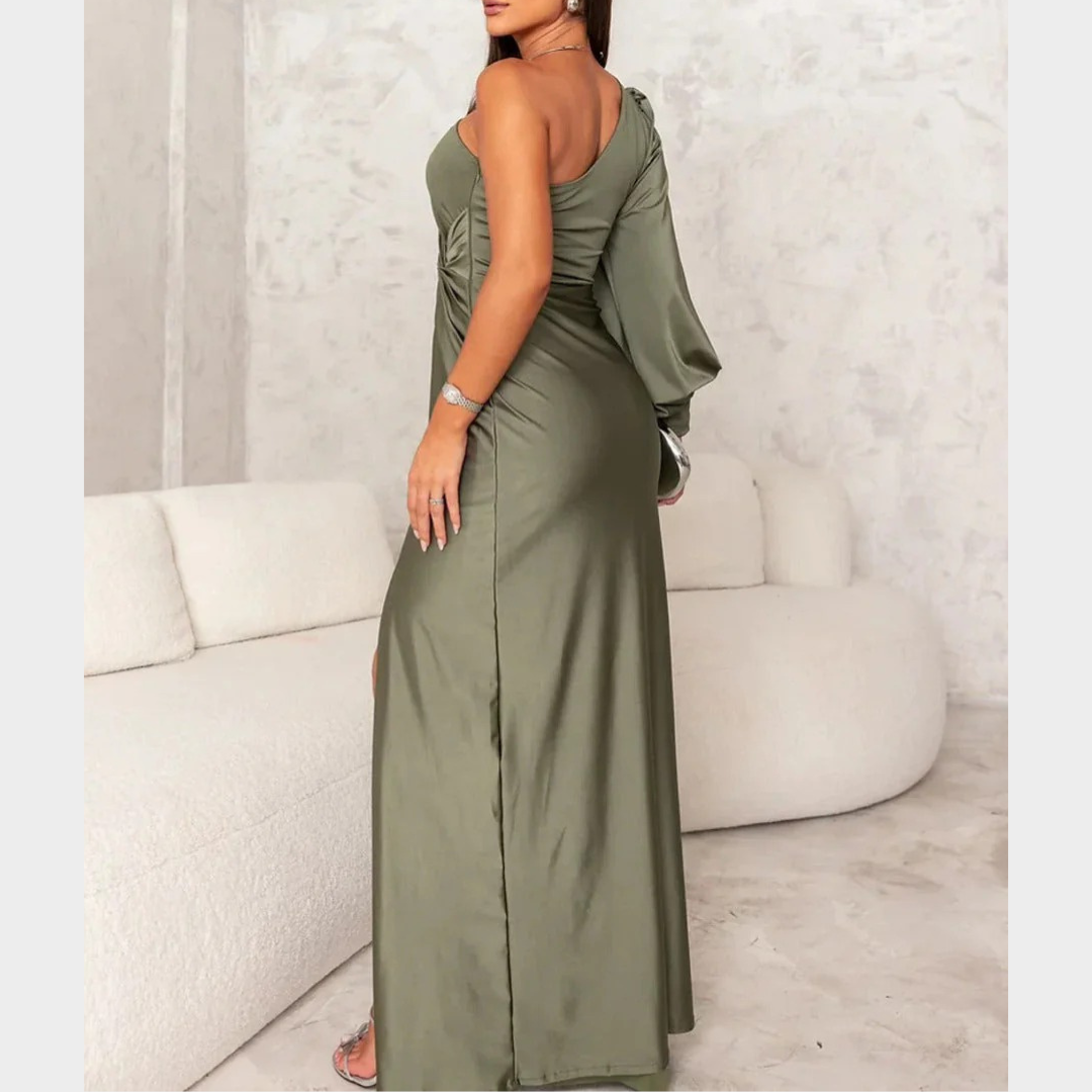 Women Evening Maxi Dress – Elegant Party Long Dress with Backless Split Design and Diagonal Collar Tight Waist Silhouette – Multiple Colours