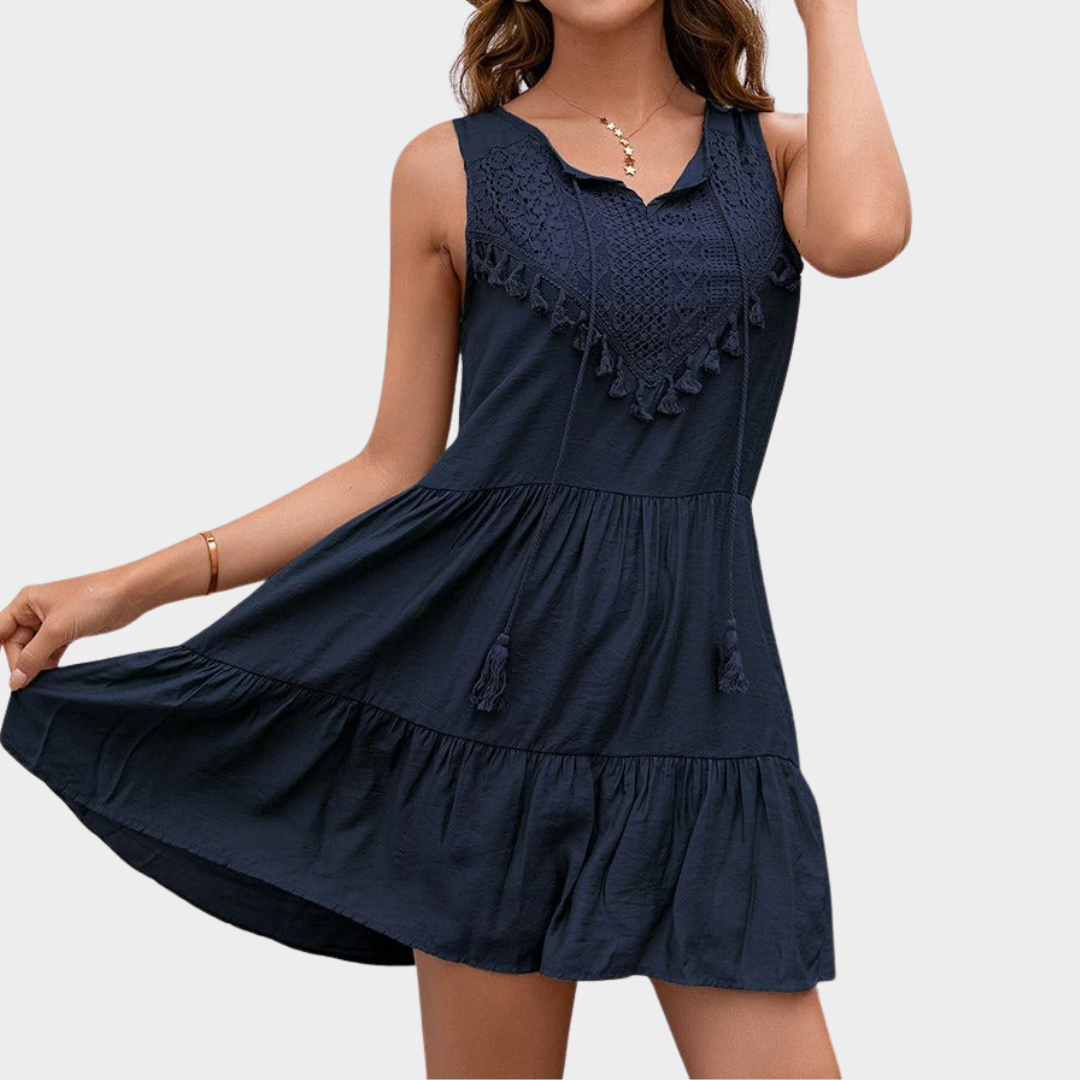 Women's Sleeveless Mini Dress – Tassel Lace High Waist Design with Solid Pattern – Comfortable Lightweight Fabric – Multiple Colours