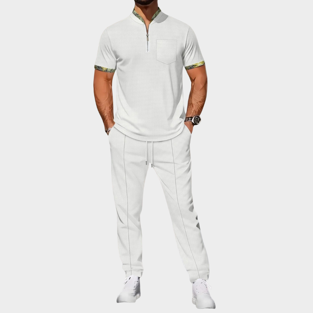 Men's Co-Ord Set – Waffle Textured Stand Collar Half-Placket Shirt with Colour Block Cuffs and Matching Shorts – Multiple Colours
