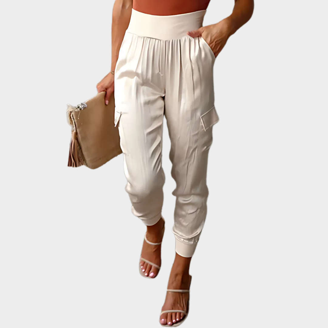 Women's Satin Cargo Trousers – Elastic Waist Office Casual Pants – Multiple Colours