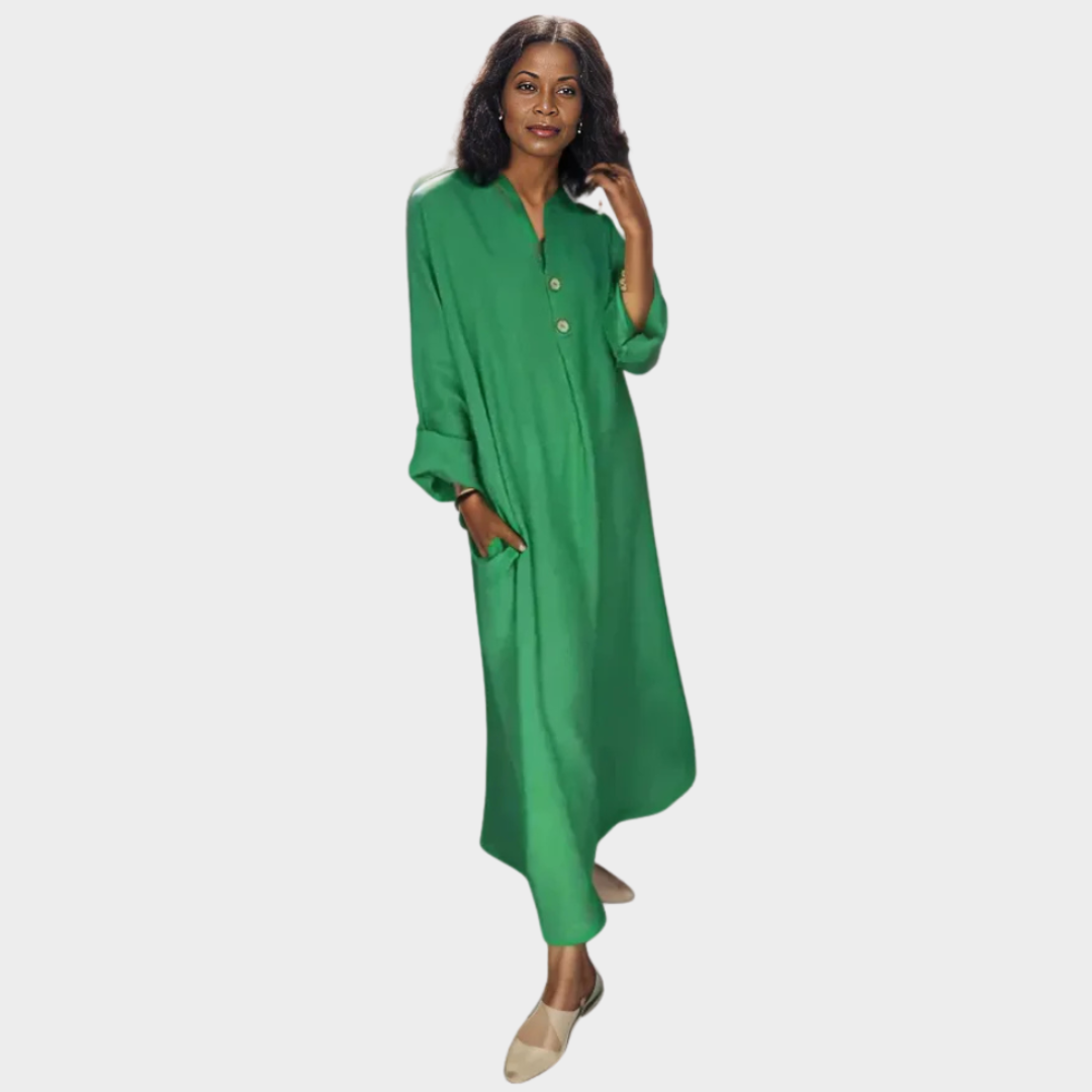 Women’s Casual Loose Shirt Dress – Solid Color, Long Sleeve, Button-Up with Pockets (Blue, Forest Green, Green)