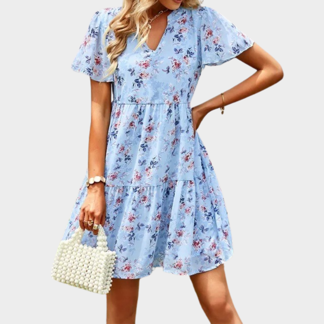 Women's V-Neck Floral Mini Dress – Short Sleeve – Chiffon Girding Fit – Lightweight Print – Multiple Colours