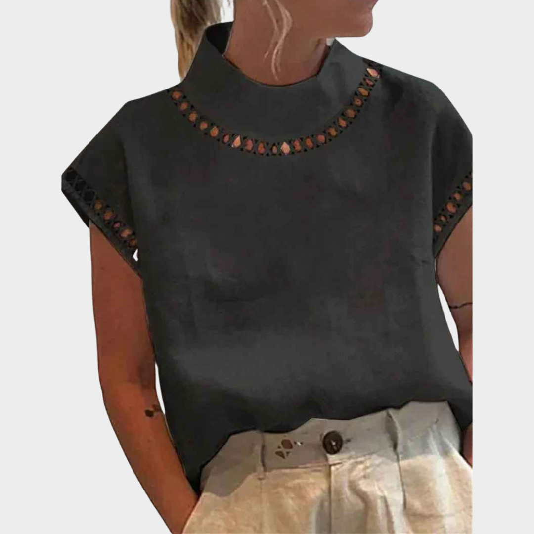 Women Short Sleeve Blouse – Turtleneck Pullover with Hollow Out Detail – Multiple Colours