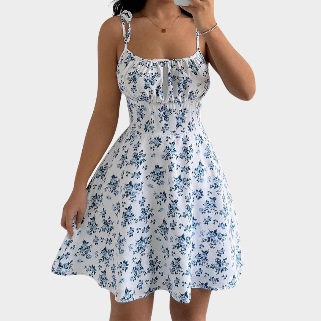 Women's Floral Square Neck Mini Dress – Sleeveless – Waist Tie – Slim Fit – Blue