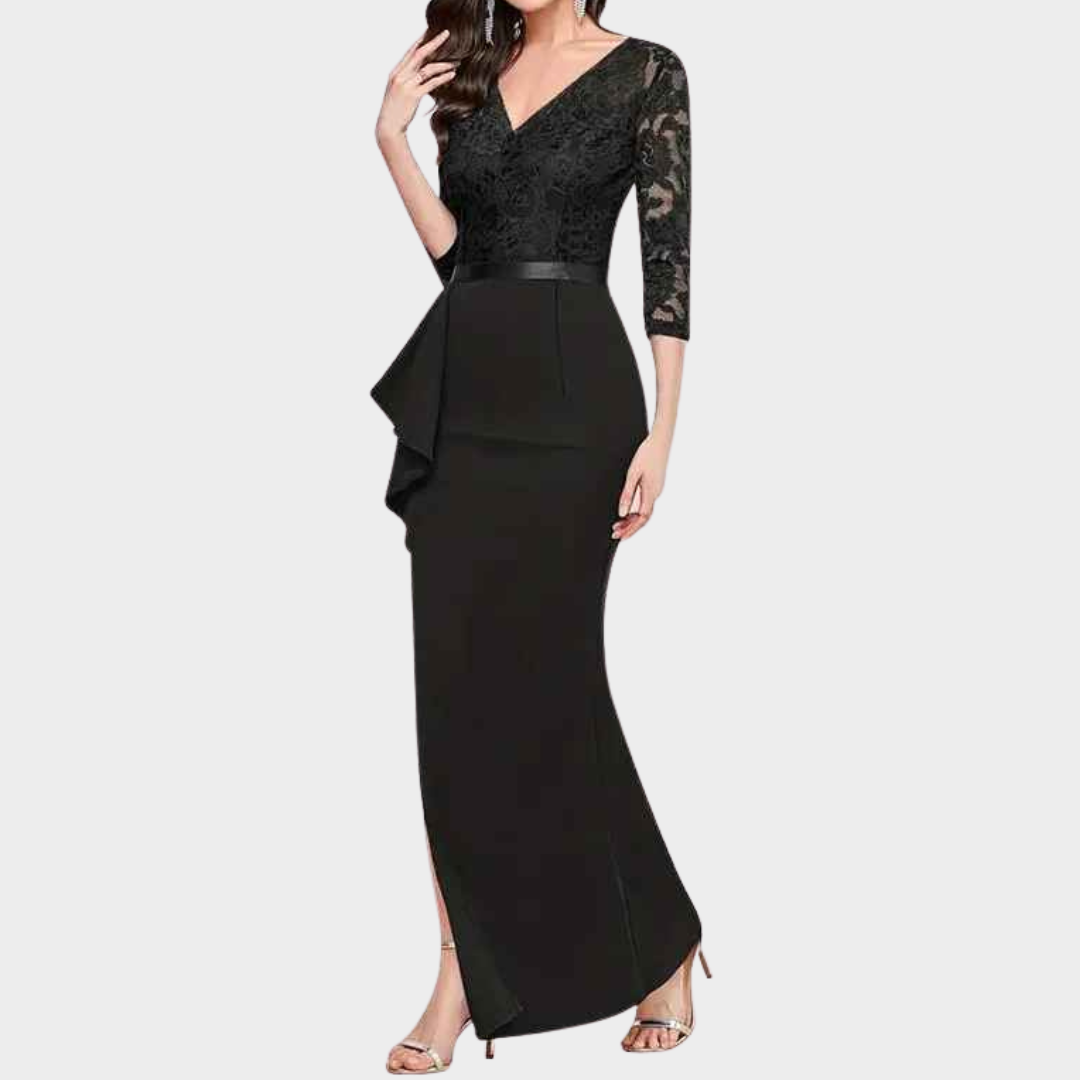 Women's Vintage Floral Lace Ruffle Dress – High Waist Split Formal Evening Gown with Half Sleeves – Multiple Colours