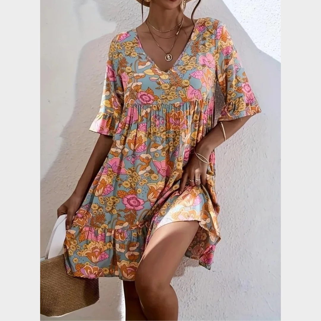 Women Floral Short Sleeve Dress – Loose Fit – Ruffle Hem – Lightweight Bohemian Style – Multicolour
