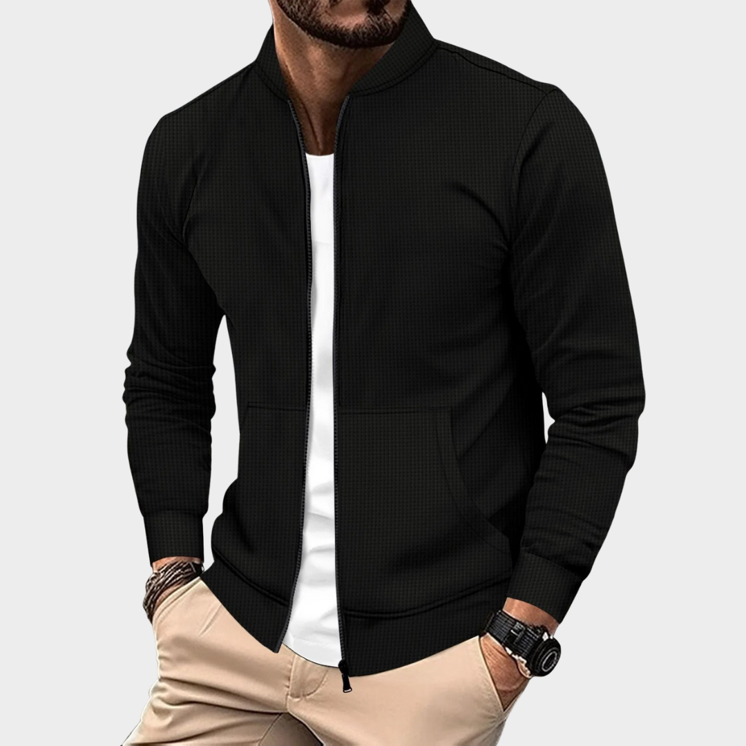 Men’s Slim Fit Cardigan Jacket – Flip Collar Waffle Design Long Sleeve Sportswear with Zipper Pocket – Multiple Colours