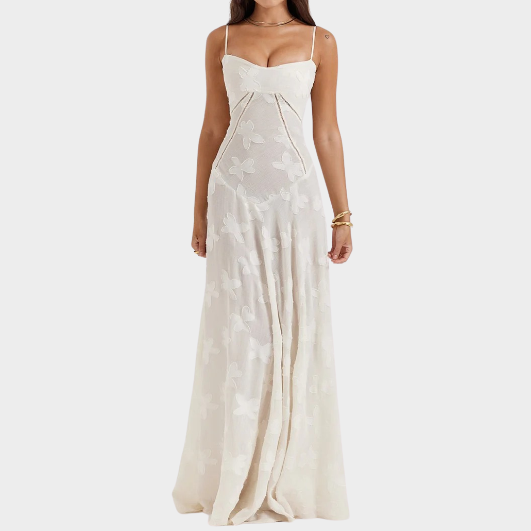 Women’s Formal Maxi Dress – Spaghetti Strap Embroidered Mesh Overlay – Elegant Fit for Events – Sheer Detailing – Multiple Colours