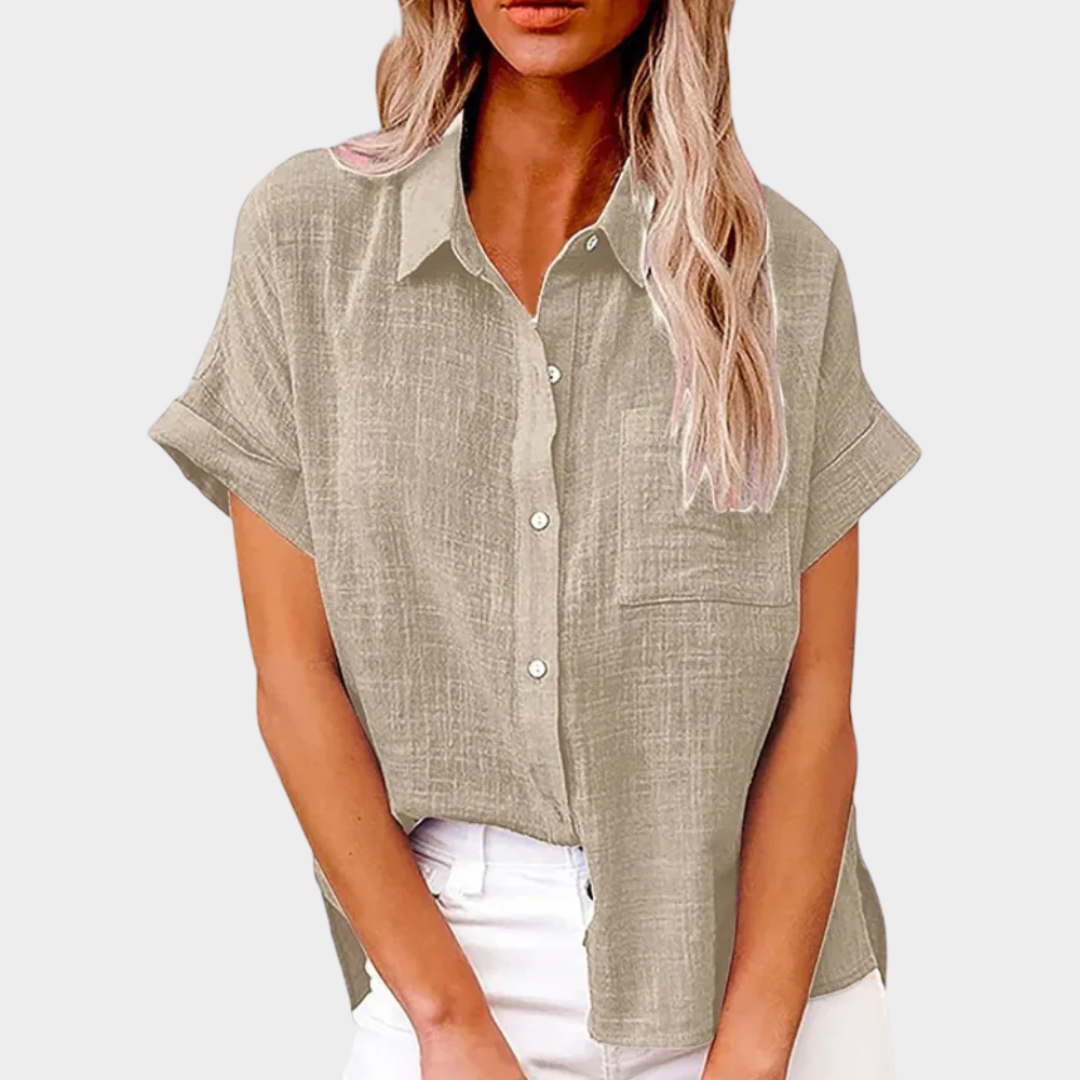 Women's Cotton Linen Shirt – Short Sleeve Lapel Collar – Button Down Casual Blouse – Lightweight Fabric – Multiple Colours