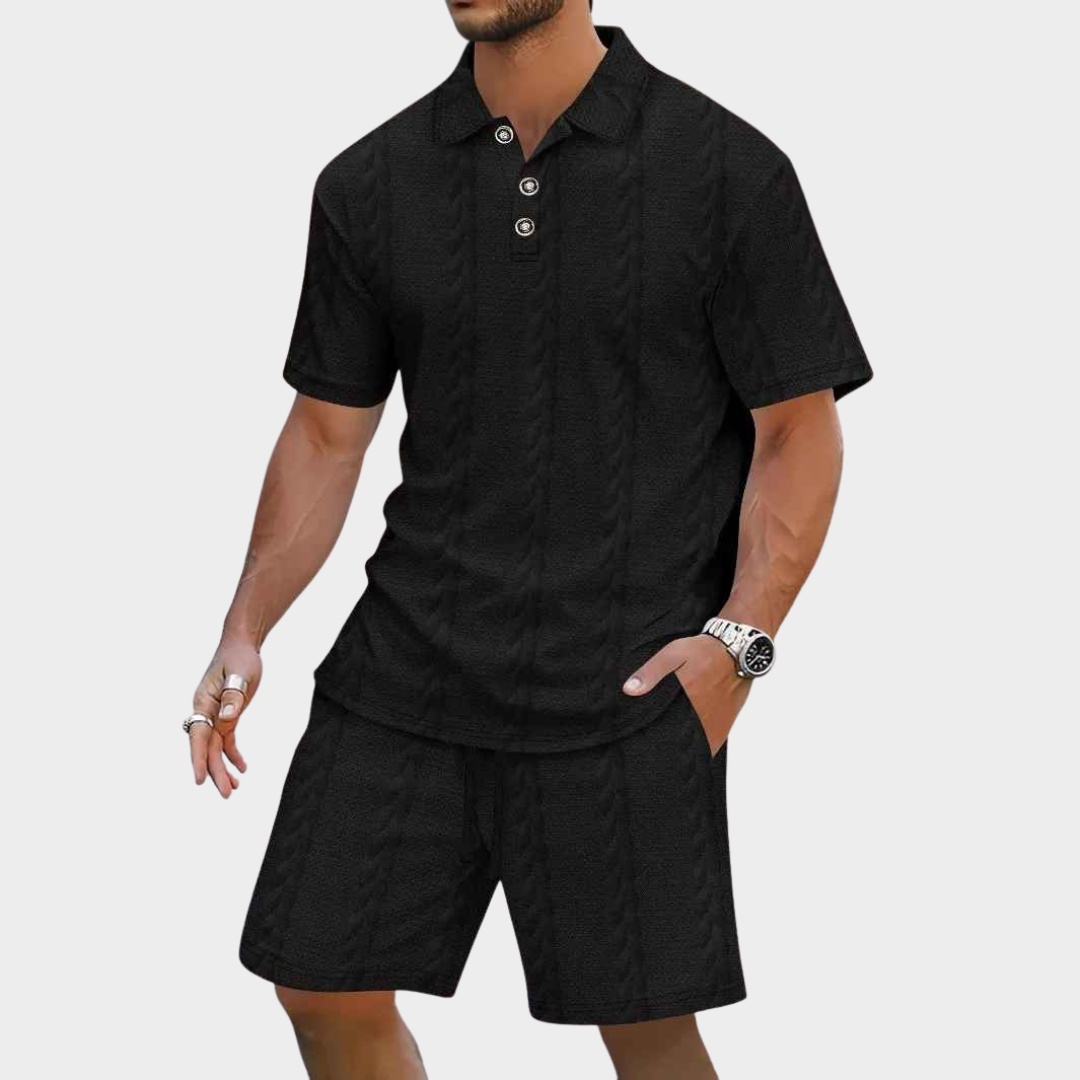 Men's Co-Ord Set – Jacquard Solid Colour Lapel Short Sleeve Shirt with Drawstring Shorts – Casual Beach Style – Multiple Colours