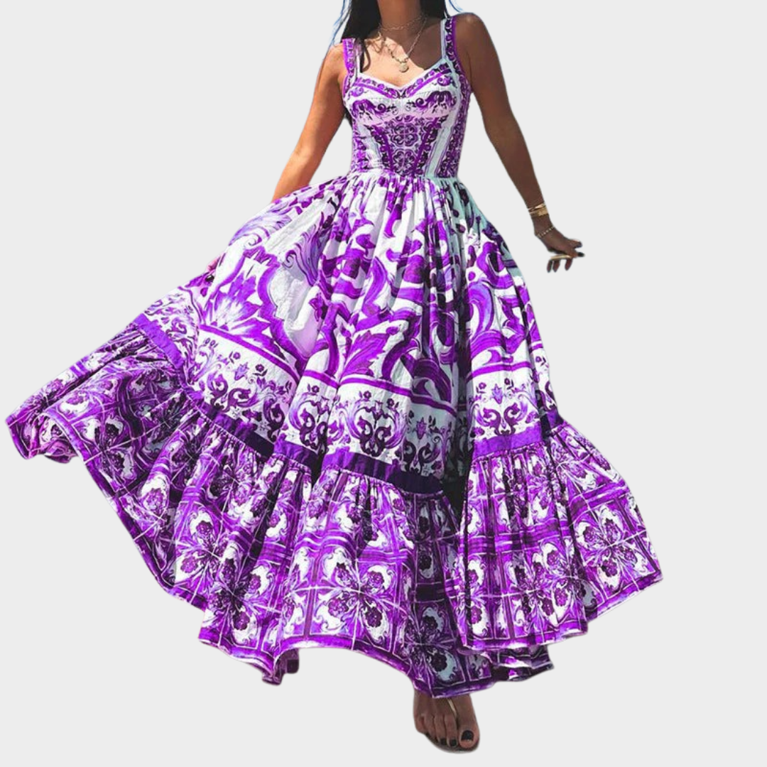 Women Sleeveless Maxi Dress – Halter Neck Gown with Empire Waist – Bohemian Print – Lightweight Fit – Ankle-Length Flow – Multiple Colours