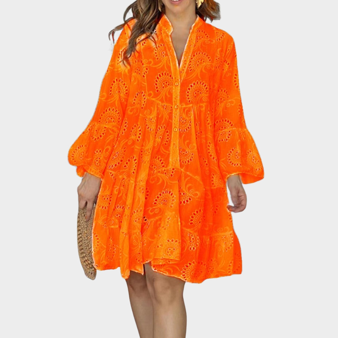 Spring Summer Women’s V-Neck Lace Dress – Solid Color, Embroidered, Hollow Design, Casual Loose Fit