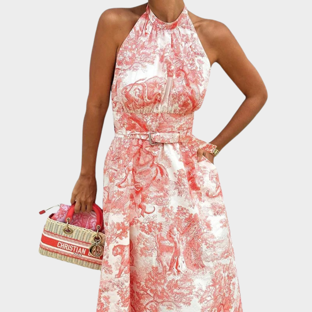 Women’s Elegant Printed Halter Dress – Chic A-Line Swing Dress – Backless Lace-Up – Pink