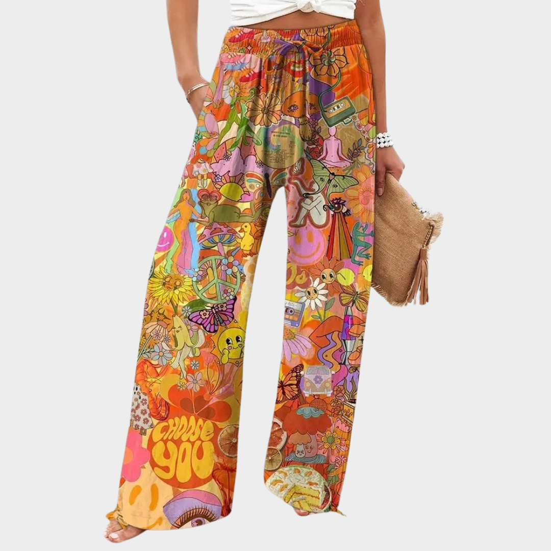 Women’s Retro Printed Casual Trousers – Loose Fit Straight Leg Pants – 3D Gradient Graffiti Floral Design – Lightweight Fabric – Multiple Colours