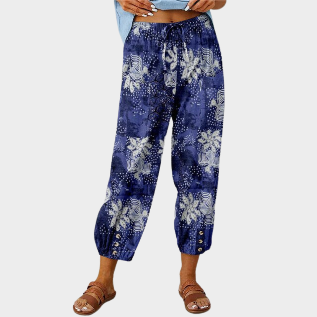 Women's High Waist Cropped Trousers – Retro Print – Loose Fit – Drawstring Waist – Multiple Colours