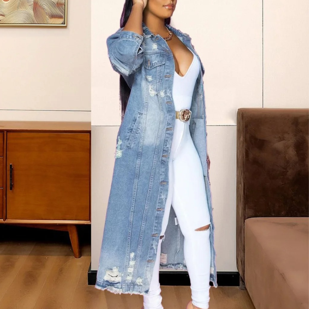 Women Longline Denim Coat – Ripped Raw Hem Button Front Jacket with Pockets – Casual High Street Outerwear – Multiple Colours