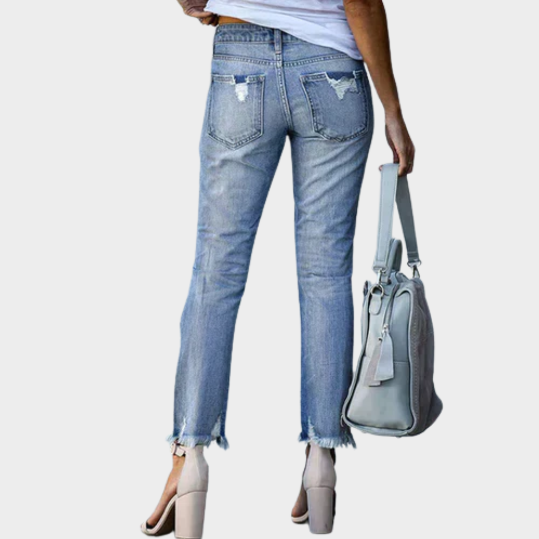 Women's Ripped Slim-Fit Denim Jeans – High-Waist – Vintage Style – Multiple Colours