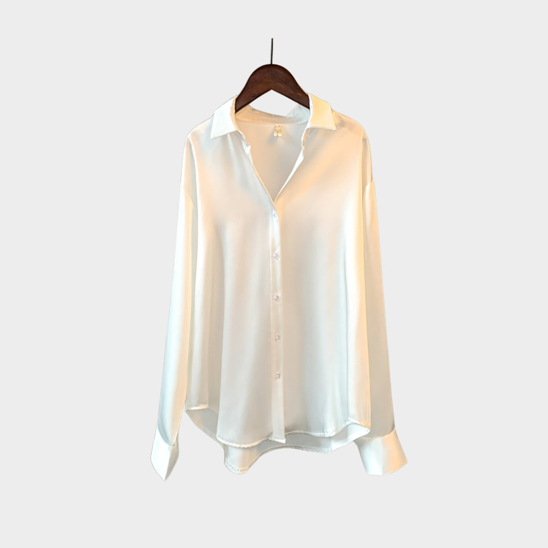 Women’s Satin Long Sleeve Blouse - Elegant Korean Style Overshirt, Luxury Designer Blouse, White, Green, Black, Champagne