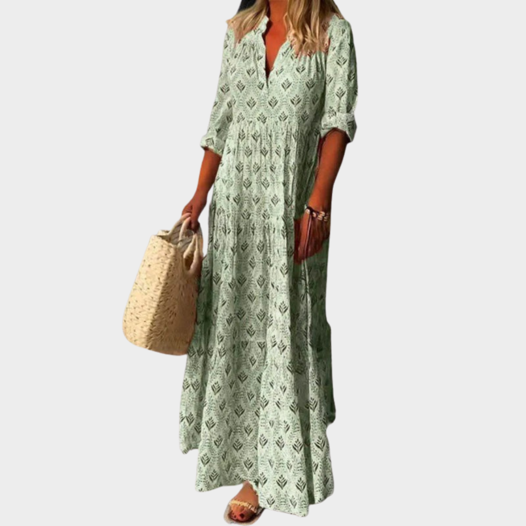 Women Retro Long Dress – Stand Collar Loose Fit Cotton Blend Design – Multiple Colours