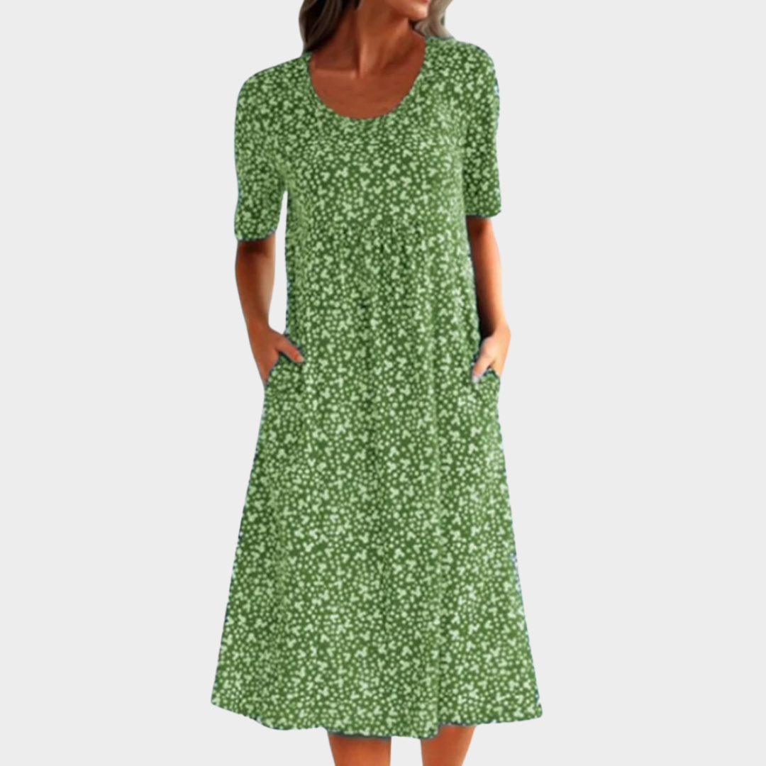 Women’s Heart Print Knee-Length Dress – Round Neck Pleated Casual Fit with Pockets – Short Sleeve Lightweight Floral Style – Multiple Colours